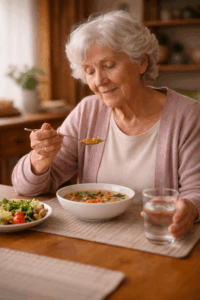elderly lady enjoying a cozy meal