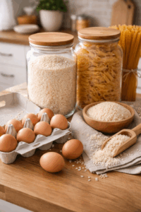 Basic pantry staples for seniors including eggs, rice, and pasta.