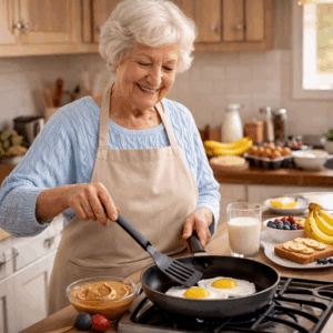 elderly lady cooking a 5-minute meal