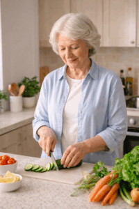 elderly lady preparing ingredients early in the day