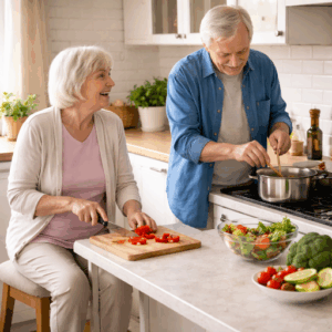 cooking together in a cozy kitchen. Sit down if you are feeling tired