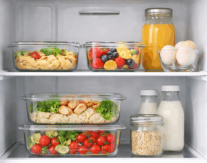 Organized fridge with healthy meals