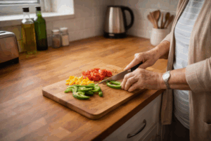 slicing vegetables in a neat clear section of the kitchen