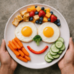 Smiley face breakfast plate with eggs, fruit, vegetables and toast arranged in a fun design for children