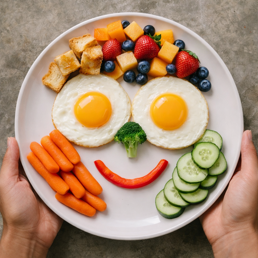 Smiley face breakfast plate with eggs, fruit, vegetables and toast arranged in a fun design for children