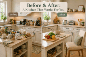 A side-by-side comparison of a cluttered kitchen and a clean, organised kitchen with a seating area, showing how small changes can make cooking easier for seniors