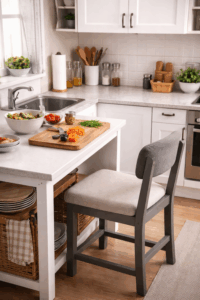 A small kitchen setup with a comfortable chair at the counter for seated food preparation