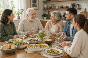 A relaxed family meal with older adults and guests gathered around a table enjoying simple dishes, showing easy and comfortable meals for visitors