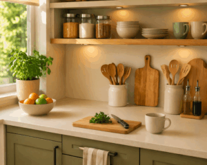 A tidy kitchen counter with a chopping board, mug, and utensils placed at easy-to-reach height for seniors