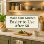A tidy kitchen counter with a chopping board, mug, and utensils placed at easy-to-reach height for seniors