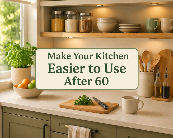 A tidy kitchen counter with a chopping board, mug, and utensils placed at easy-to-reach height for seniors