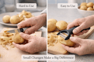 A side-by-side comparison showing an older adult using a small knife versus an ergonomic peeler, highlighting easy-to-use kitchen tools for seniors