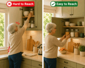 Split image showing an older woman struggling to reach a high kitchen shelf and easily reaching items at a comfortable height