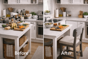 before and after scene of a kitchen setup for easy cooking for seniors