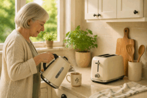 An older adult calmly making tea in a tidy kitchen with appliances placed within easy reach, demonstrating a simple and comfortable kitchen setup