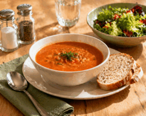 Simple meal of soup and bread served on a table in a clean and relaxed kitchen setting