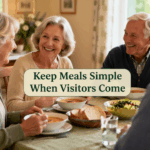 Older adults enjoying a simple meal with visitors in a relaxed home kitchen setting
