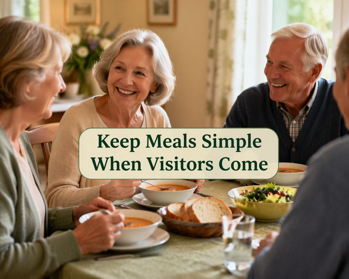 Older adults enjoying a simple meal with visitors in a relaxed home kitchen setting