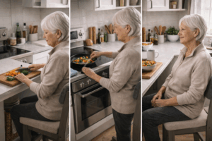 3 steps - An older woman preparing food while seated, cooking at the stove while standing, and then sitting again to rest in a kitchen