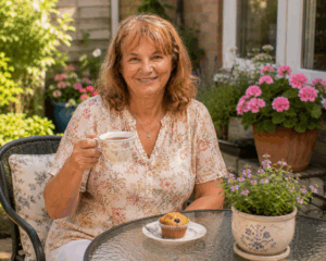 granny madlyn on the patio with snack