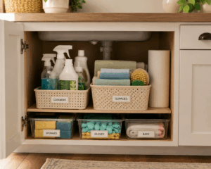 neatly organized cleaning supplies to help seniors in the kitchen